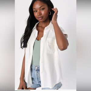 Lulus White Linen Short Sleeve Button-Up Top